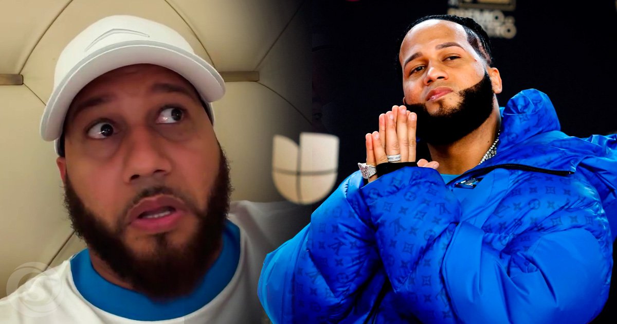 Composición con dos imágenes del artista urbano dominicano El Alfa. A la izquierda aparece hablando en un video con una gorra blanca y expresión de preocupación; a la derecha posa con una chaqueta azul. La imagen está relacionada con su denuncia sobre un presunto incidente con un agente de Homeland Security en Miami.