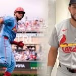 Joshua Báez aparece en acción con los St. Louis Cardinals durante su histórico debut en las Grandes Ligas y en otra imagen con el uniforme del equipo.