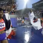 Marileidy Paulino celebra la medalla de oro y el nuevo récord en los 400 metros durante los Juegos Centroamericanos y del Caribe Santo Domingo 2026.