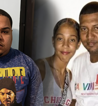 Carlos José Troche, conocido como Nino Dollar, junto a una fotografía de Wilmer Rodríguez y su hija Wilkaren, víctimas de un accidente de tránsito en Santo Domingo.