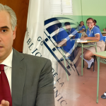 Luis Miguel De Camps junto a una imagen de estudiantes de escuelas públicas en un aula, en el contexto de la decisión del Minerd sobre el seguro estudiantil.