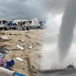 Montaje que muestra los daños de una tormenta en una zona costera y un tornado atravesando una carretera bajo un cielo oscuro.