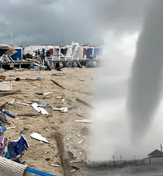 Montaje que muestra los daños de una tormenta en una zona costera y un tornado atravesando una carretera bajo un cielo oscuro.