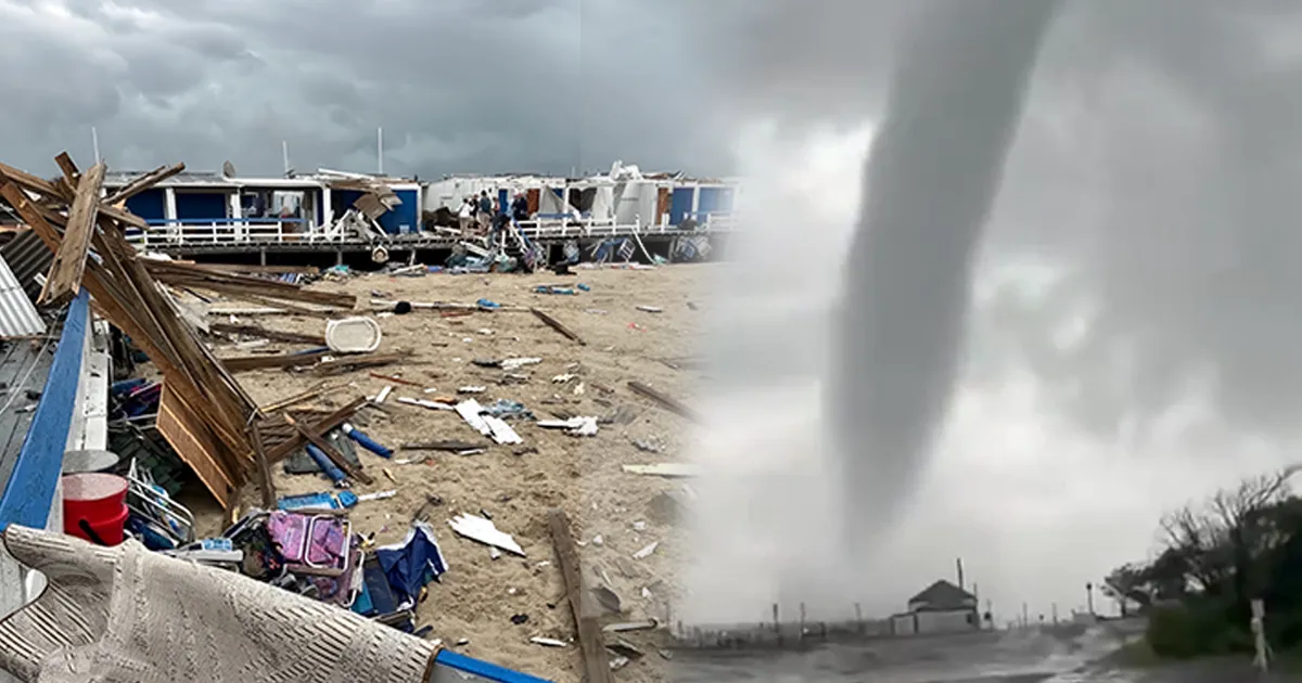 Montaje que muestra los daños de una tormenta en una zona costera y un tornado atravesando una carretera bajo un cielo oscuro.