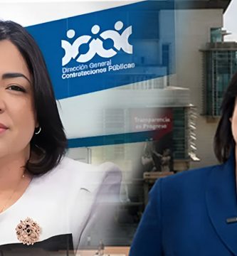 Montaje con dos mujeres y el edificio de la Dirección General de Contrataciones Públicas de República Dominicana al fondo.