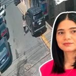 Loyca Alvarado Adames junto a una imagen de cámara de seguridad que muestra la calle y vehículos estacionados.