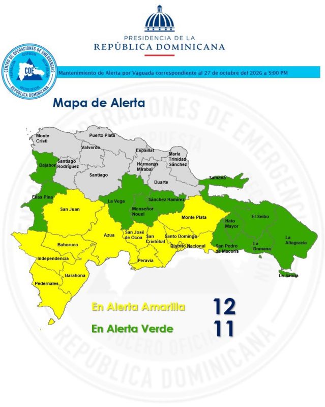 Mapa del COE con 12 provincias y el Distrito Nacional en alerta amarilla y 11 provincias en alerta verde por vaguada en República Dominicana.