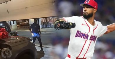 Christopher Sánchez, lanzador dominicano de Grandes Ligas, junto a una imagen de una camioneta Honda CR-V y un entrenador de béisbol.