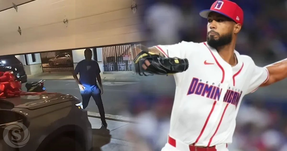 Christopher Sánchez, lanzador dominicano de Grandes Ligas, junto a una imagen de una camioneta Honda CR-V y un entrenador de béisbol.