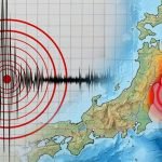 Ilustración de un terremoto frente a las costas de Japón con ondas sísmicas y un sismógrafo.