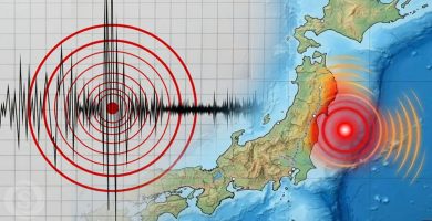 Ilustración de un terremoto frente a las costas de Japón con ondas sísmicas y un sismógrafo.