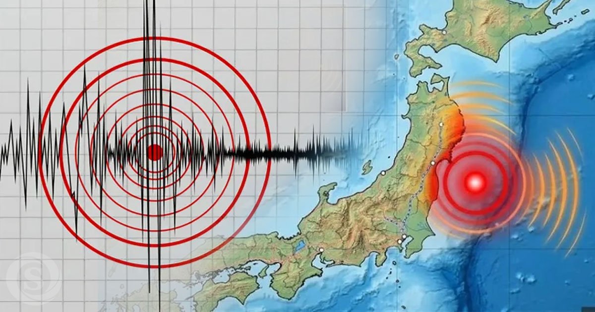 Ilustración de un terremoto frente a las costas de Japón con ondas sísmicas y un sismógrafo.