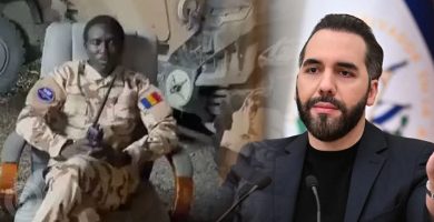 Militar chadiano en Haití y presidente Nayib Bukele tras la difusión de documentos relacionados con el caso de los cuatro aerotécnicos salvadoreños desaparecidos.