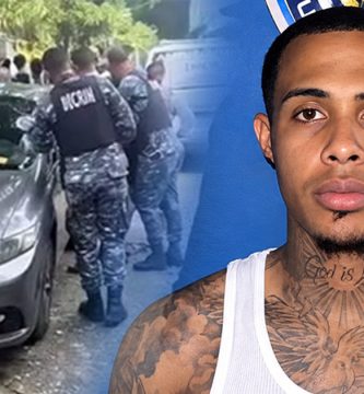 Jeury Cuello Martínez junto a imagen de agentes policiales durante un operativo en Villa Liberación, Santo Domingo