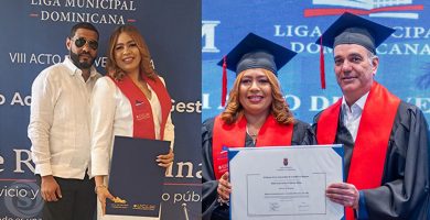 La regidora Arelys Cabrera junto al presidente Luis Abinader y su esposo Iván Rodríguez durante su graduación de maestría en Derecho Administrativo y Gestión Municipal.