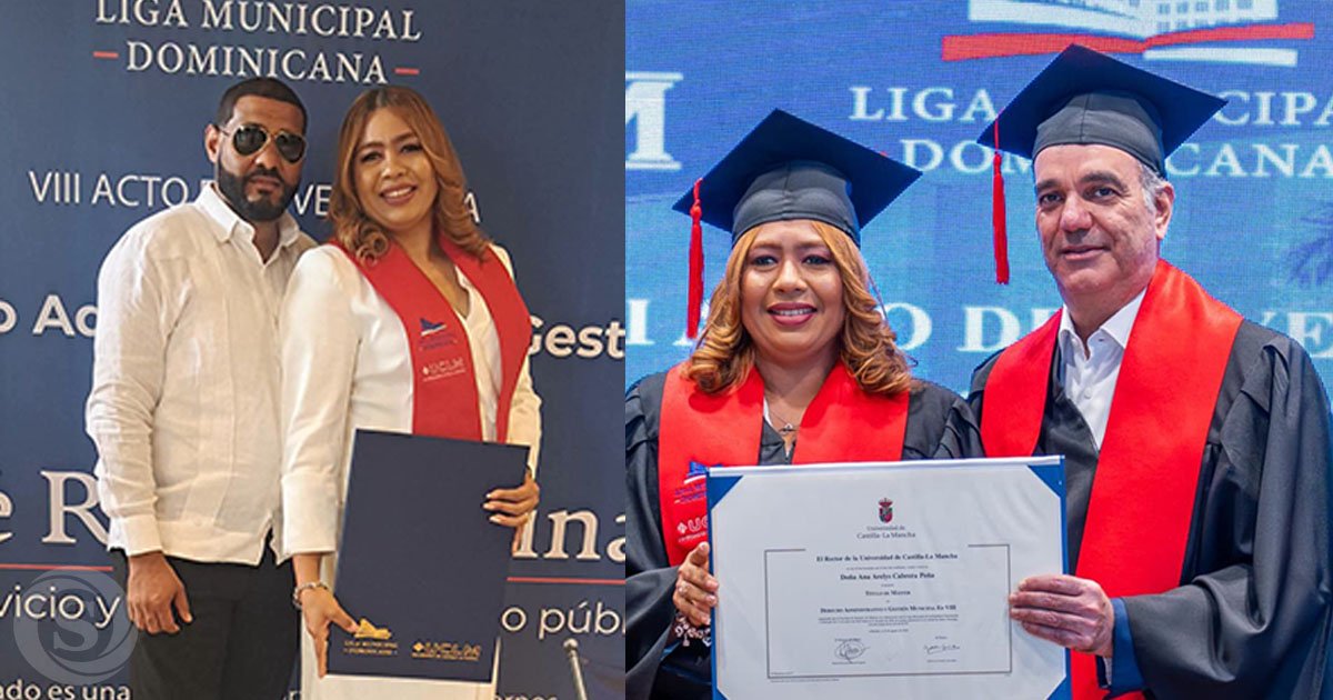 La regidora Arelys Cabrera junto al presidente Luis Abinader y su esposo Iván Rodríguez durante su graduación de maestría en Derecho Administrativo y Gestión Municipal.