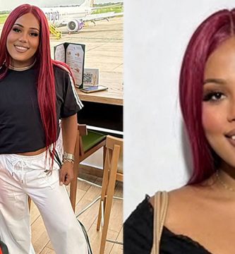 Joven de cabello rojo posa en un restaurante y en un retrato con blusa negra