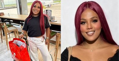 Joven de cabello rojo posa en un restaurante y en un retrato con blusa negra