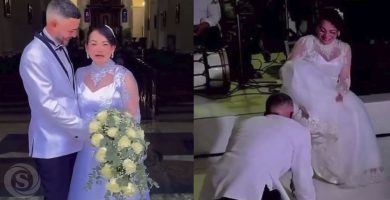 Joven y mujer mayor celebran su boda con vestido de novia blanco, ramo de rosas y momentos emotivos durante la ceremonia.