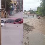 Inundaciones en República Dominicana por fuertes lluvias, con calles anegadas, vehículos parcialmente sumergidos y corrientes de agua en distintas zonas.