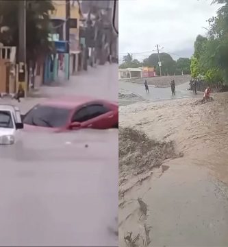 Inundaciones en República Dominicana por fuertes lluvias, con calles anegadas, vehículos parcialmente sumergidos y corrientes de agua en distintas zonas.