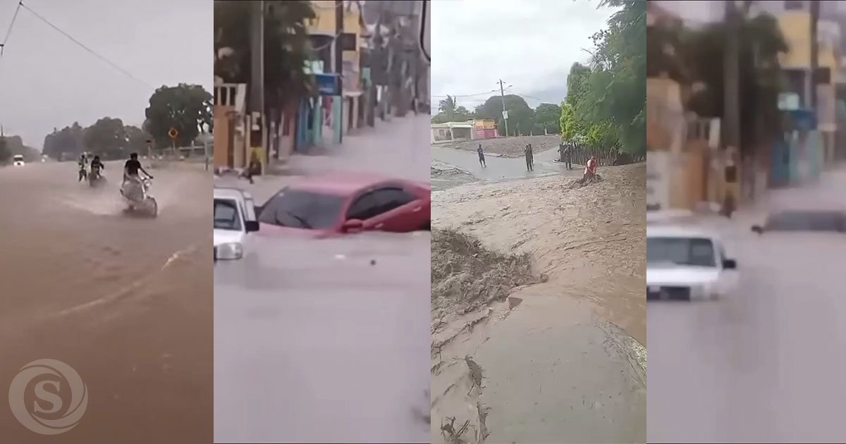 Inundaciones en República Dominicana por fuertes lluvias, con calles anegadas, vehículos parcialmente sumergidos y corrientes de agua en distintas zonas.